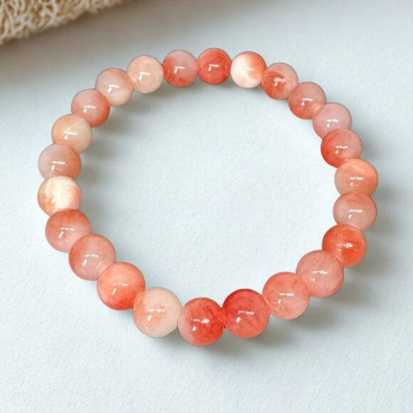 Strawberry Pink Agate Stone Beaded Bracelet 8MM Stretchy Handmade Jewelry - Picture 5 of 12